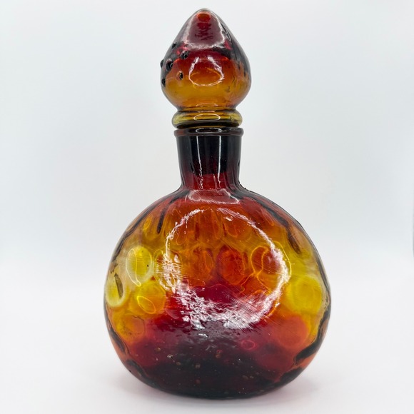 Vintage Amberina Glass Decanter Bottle Stopper Art Glass Handblown Rustic Optic‎